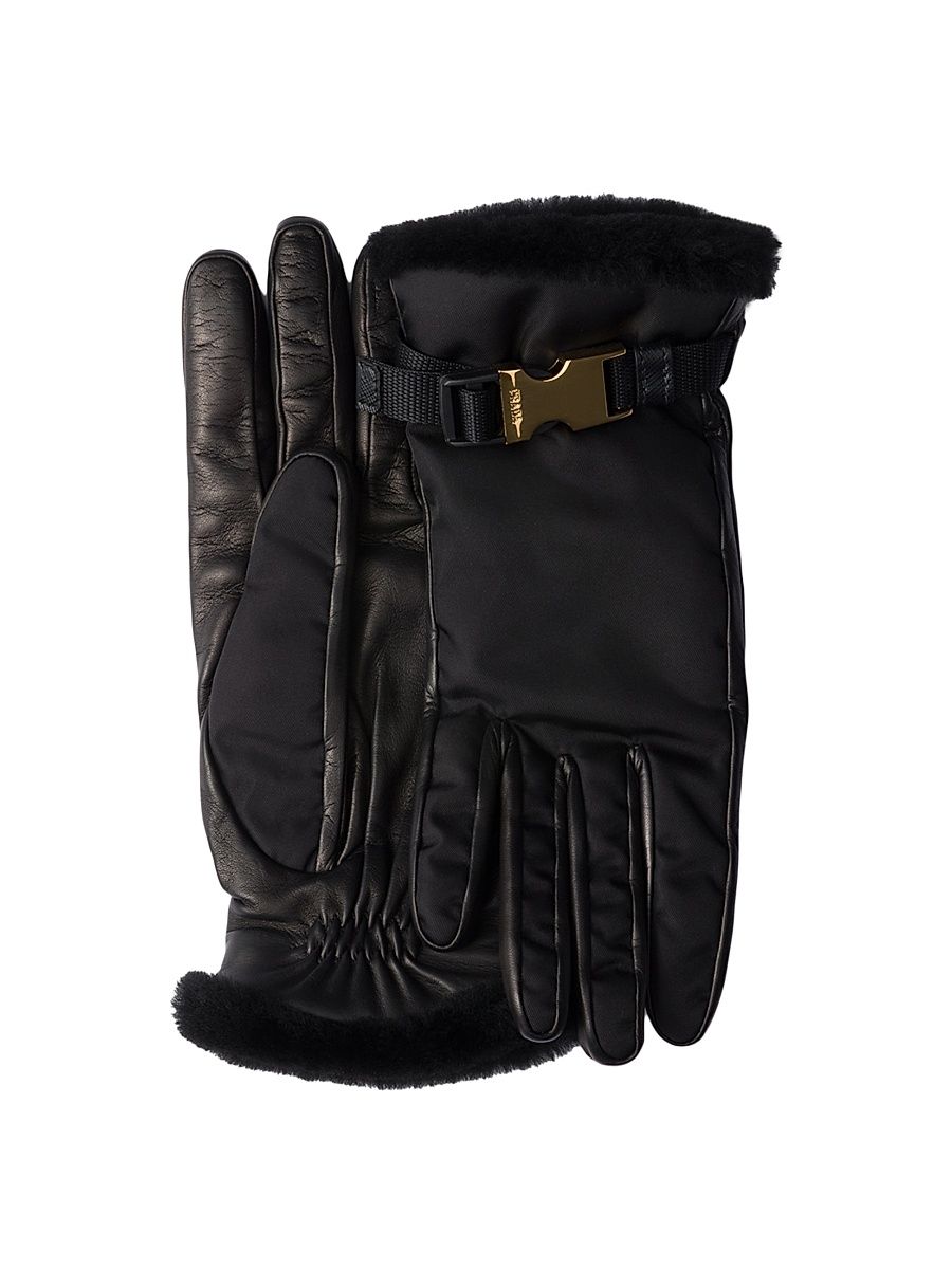 Women's Re-Nylon and Shearling Gloves - Black - Size 6.5
