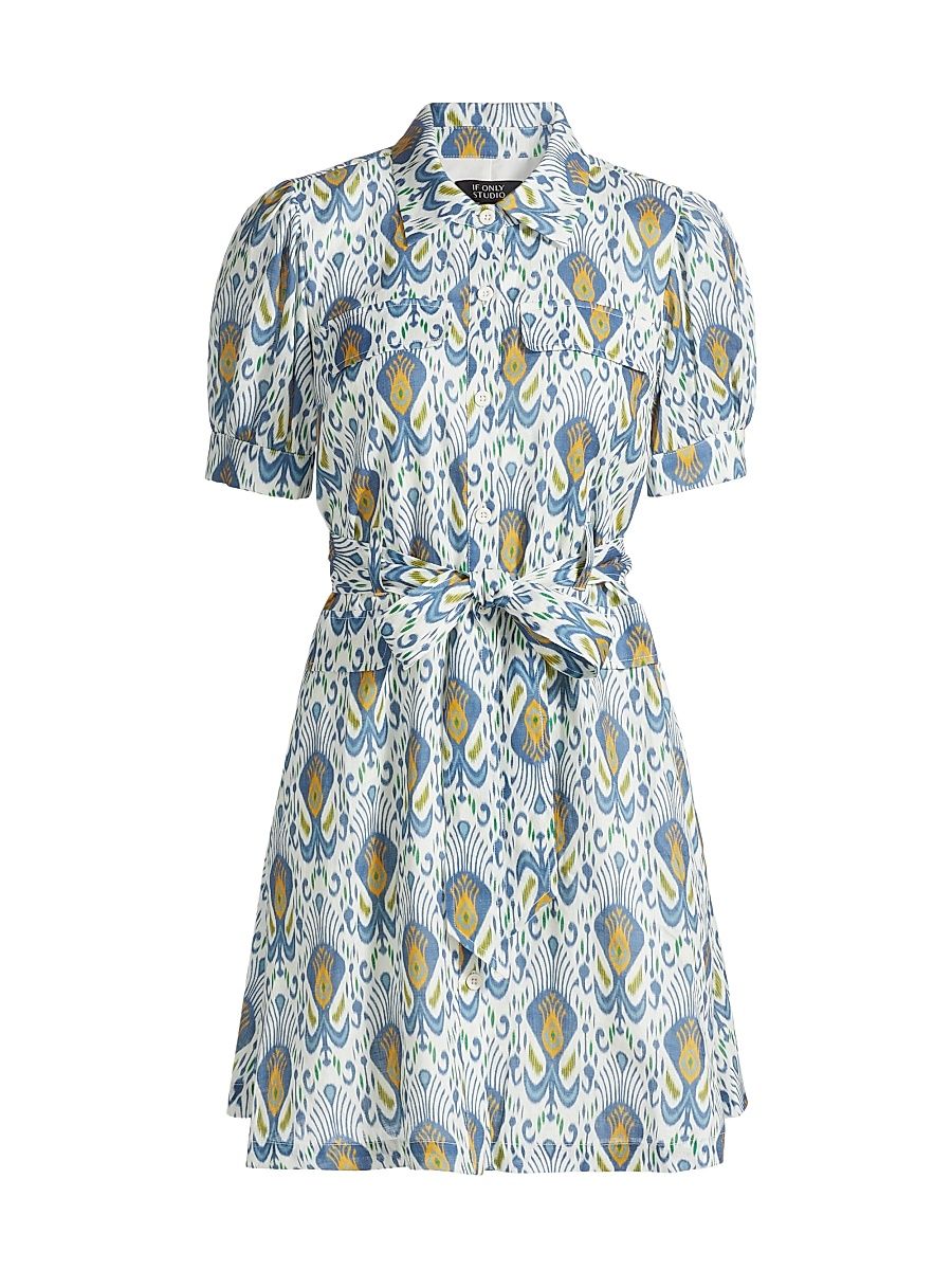 Women's Ikat-Inspired Linen Minidress - Blue Yellow - Size 12