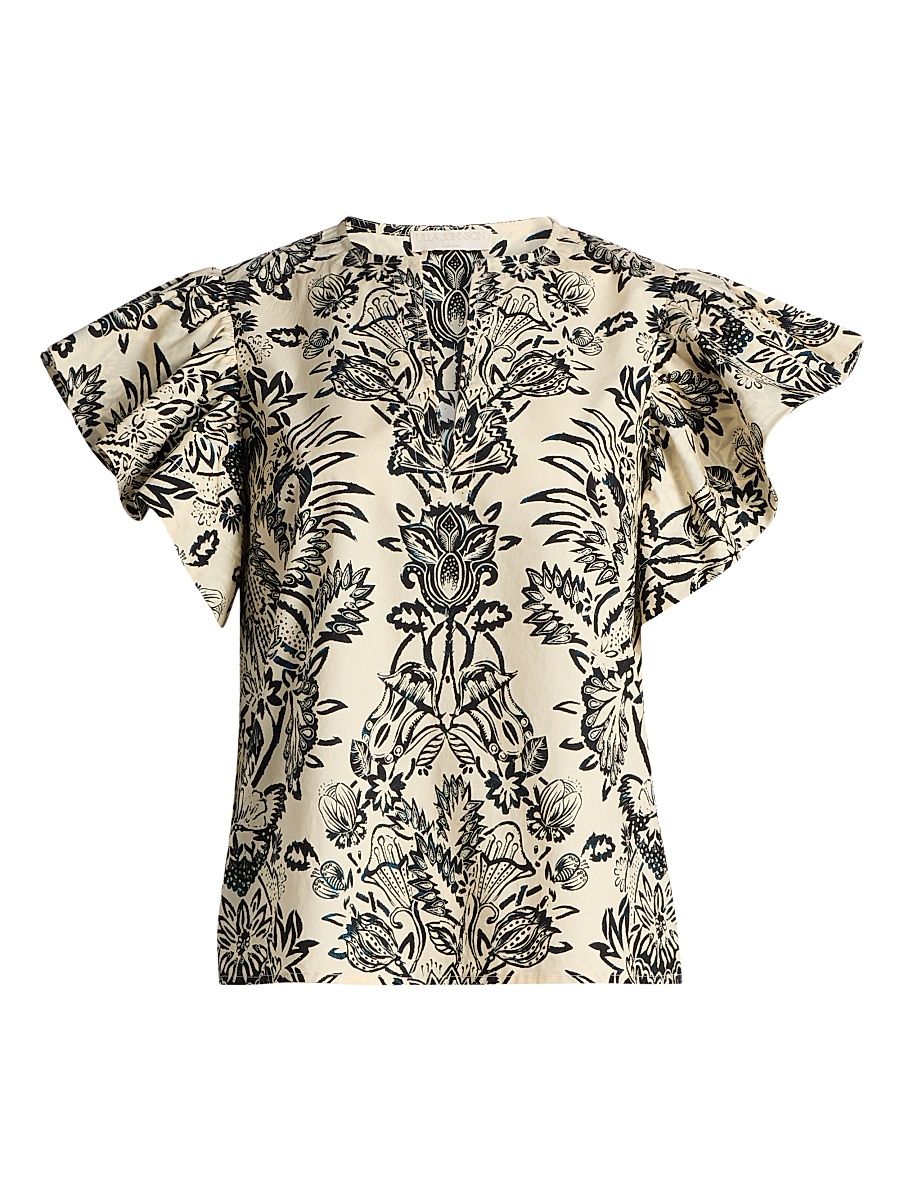 Women's Severine Printed Cotton Top - Ivory Flora - Size 16