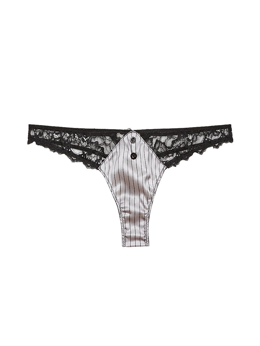 Women's Executive Silk & Lace Thong - Ash Pinstripe - Size 4