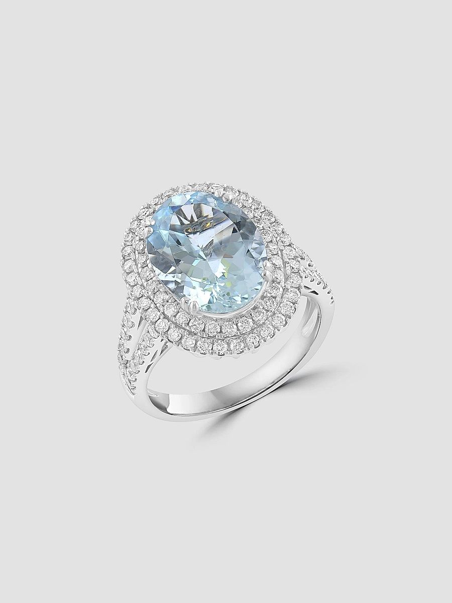 Saks Fifth Avenue Collection Women's 14K White Gold, Aquamarine & 0.98 TCW Diamond Double-Halo Ring - White Gold - Size 7