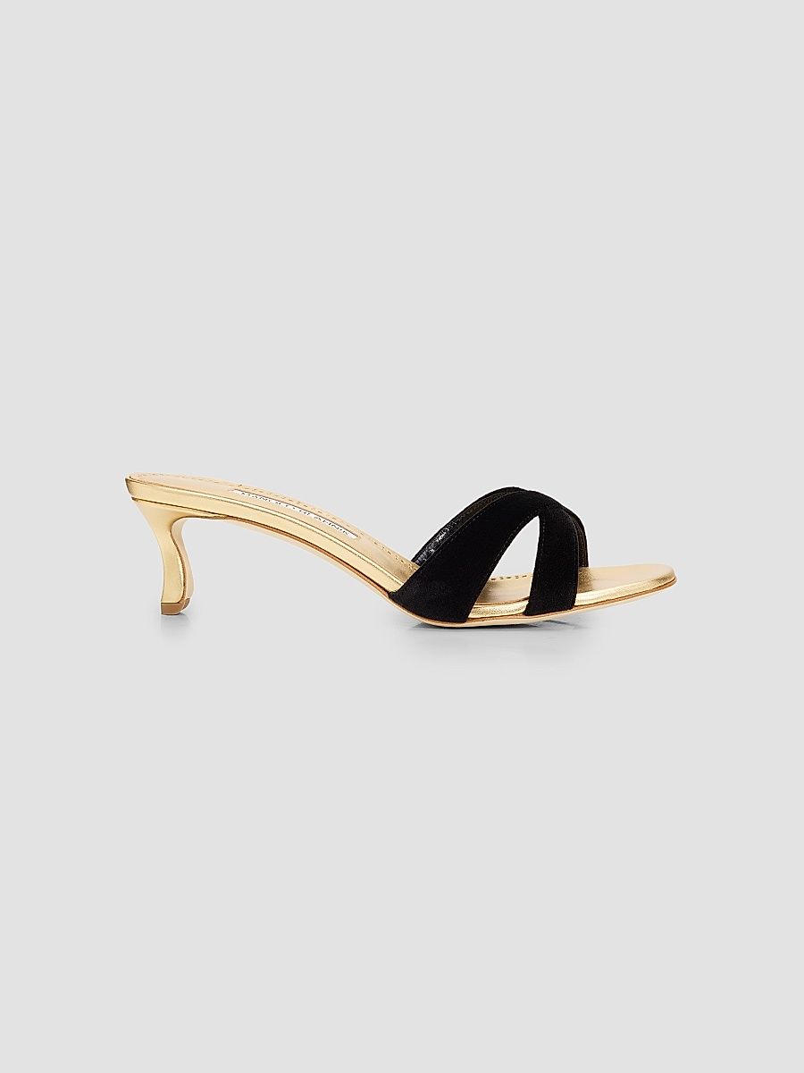 Women's Callydramu 50MM Slanted-Heel Sandals - Black Gold - Size 8