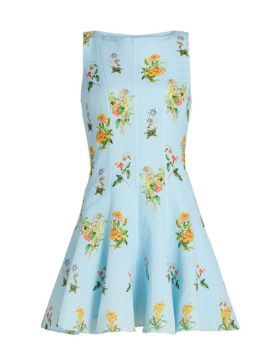 Women's Floral Linen-Cotton Skater Minidress - Blue - Size XL