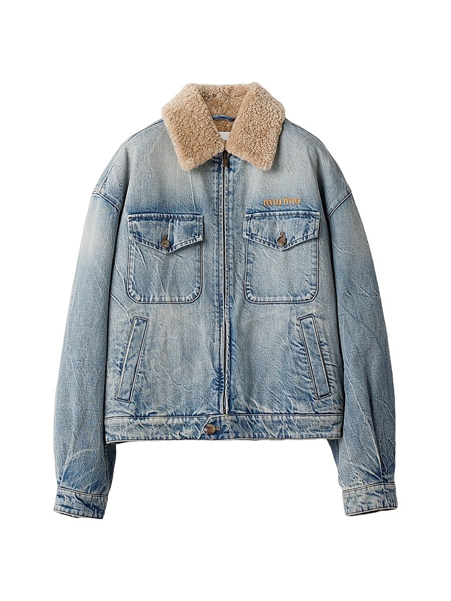 Women's Denim and Shearling Trucker Jacket - Blue - Size 10