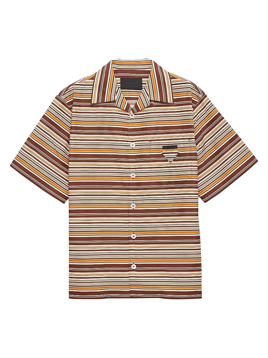 Men's Striped Cotton Bowling Shirt - Beige Brown - Size Large