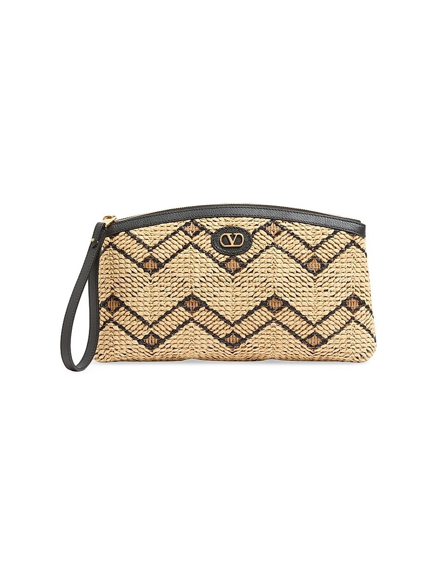 Women's Raffia Clutch Bag with Geometric Pattern - Natural Black