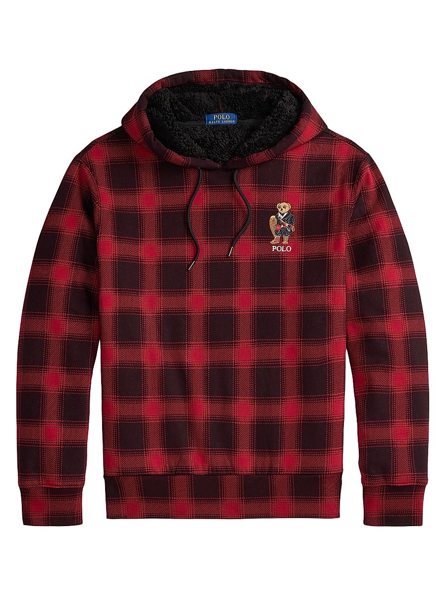 Men's Plaid Faux-Fur-Lined Cotton Hoodie - Lodge Holiday Bear - Size XXL