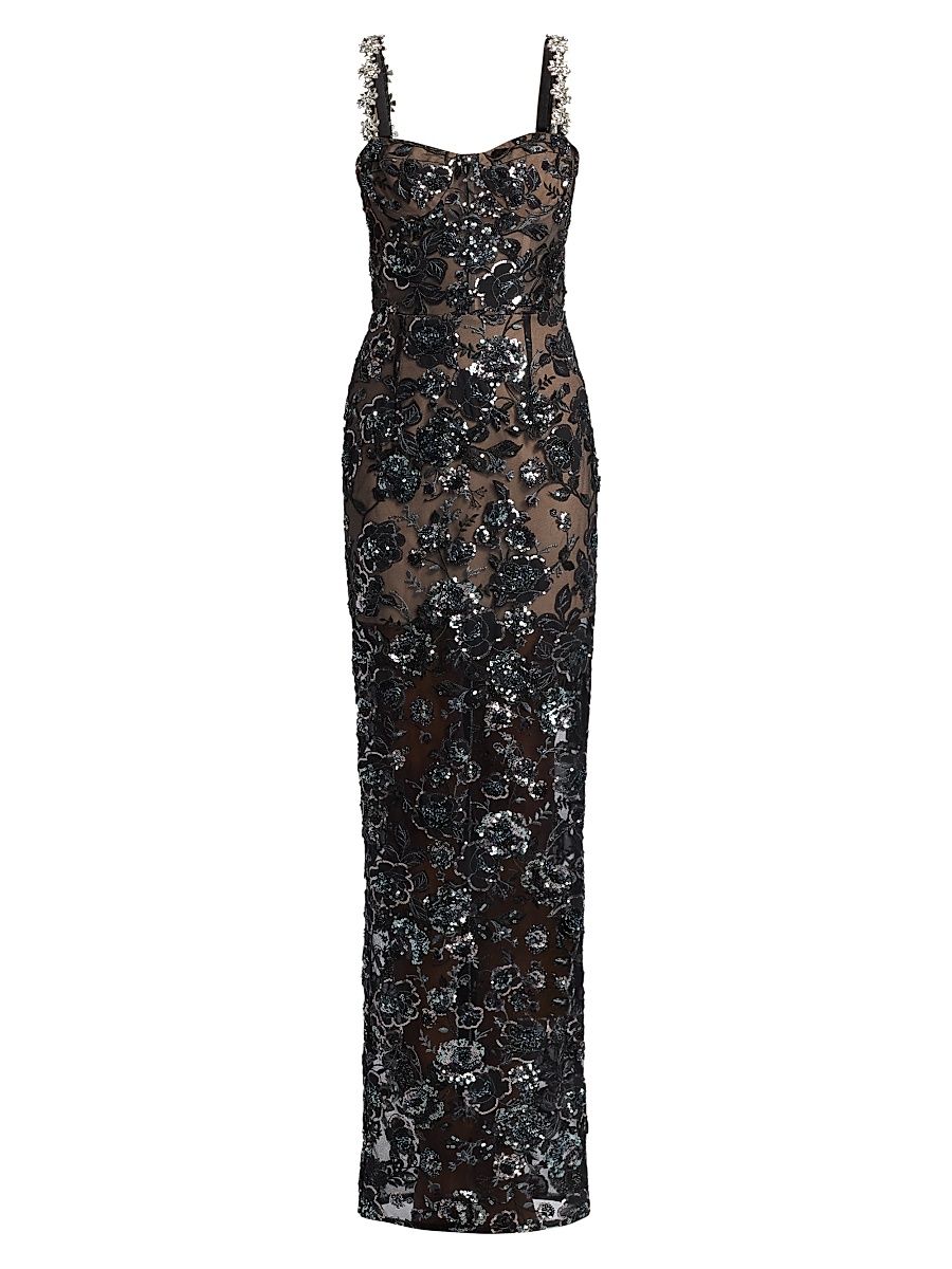 Women's Dahlia Embellished Floral-Sequined Maxi Dress - Black - Size Large