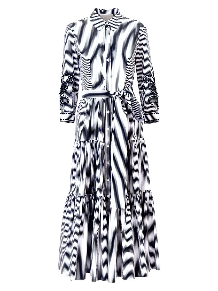 Women's Cabana Embroidered-Sleeve Belted Cotton Midi Shirtdress - White Blue - Size 16