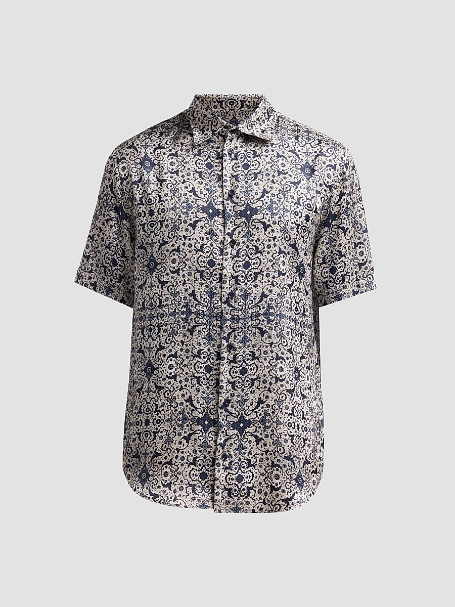 Men's Abstract Floral Short-Sleeve Sport Shirt - Blue Arabesque - Size Small