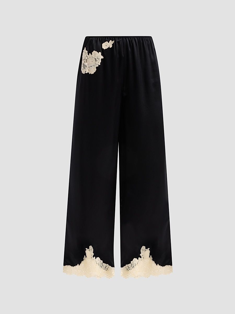Women's Lavon Lace-Trim Silk Pants - Black - Size Medium