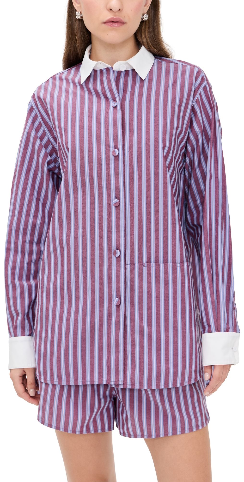 Lunya Airy Cotton Curved Hem Long Sleeve Short Set Odyssey Stripe L