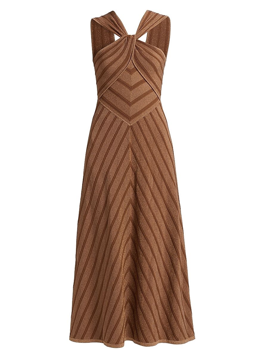 Women's Chevron Halterneck Maxi-Dress - Metallic Bronze Stripe - Size 4