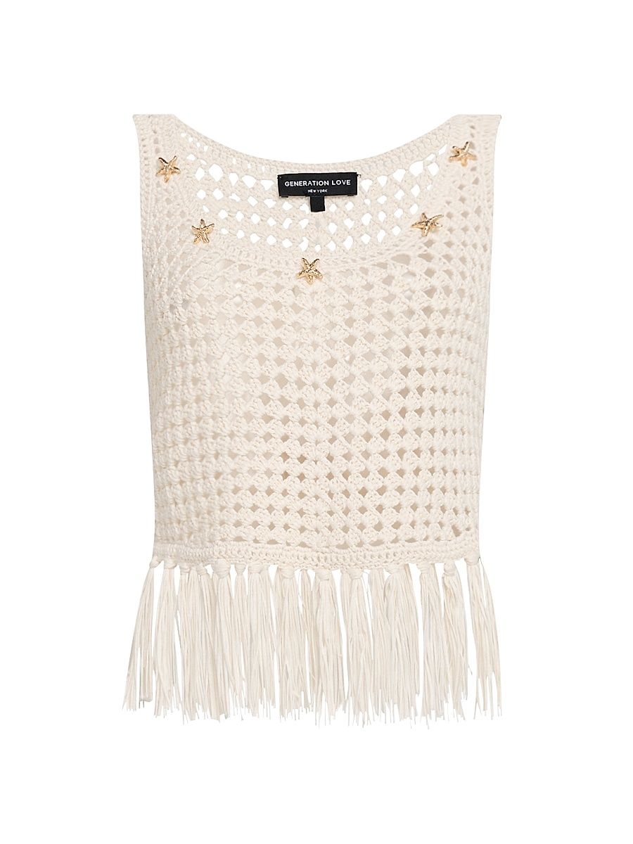 Women's Ginger Embellished Crochet Fringe Tank - Open White - Size Large