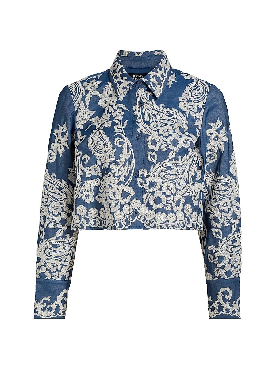 Women's Embroidered Chambray Crop Long-Sleeve Shirt - Blue - Size 4