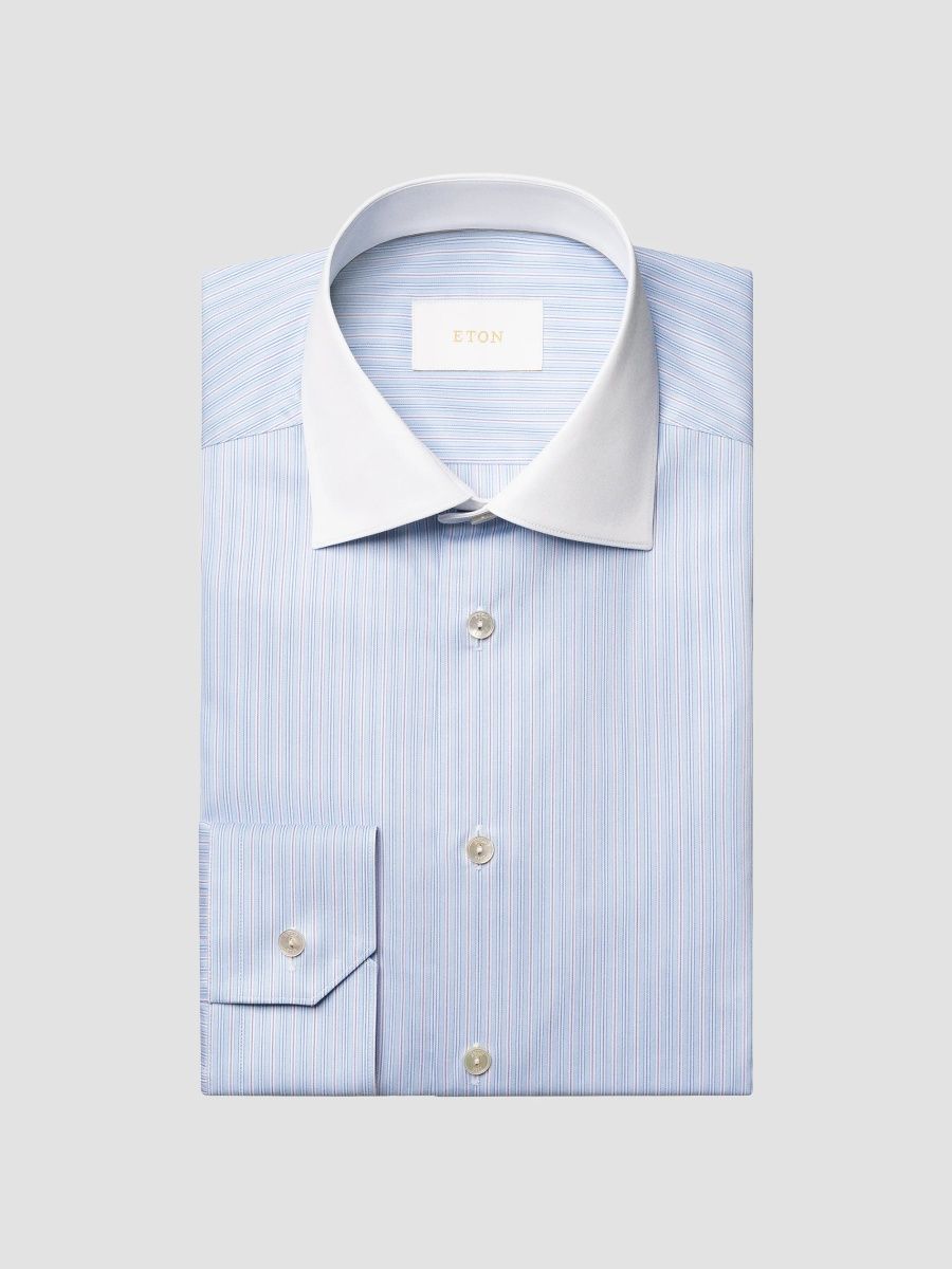 Eton Men's Striped Cotton Shirt - Light Blue - Size 17.5