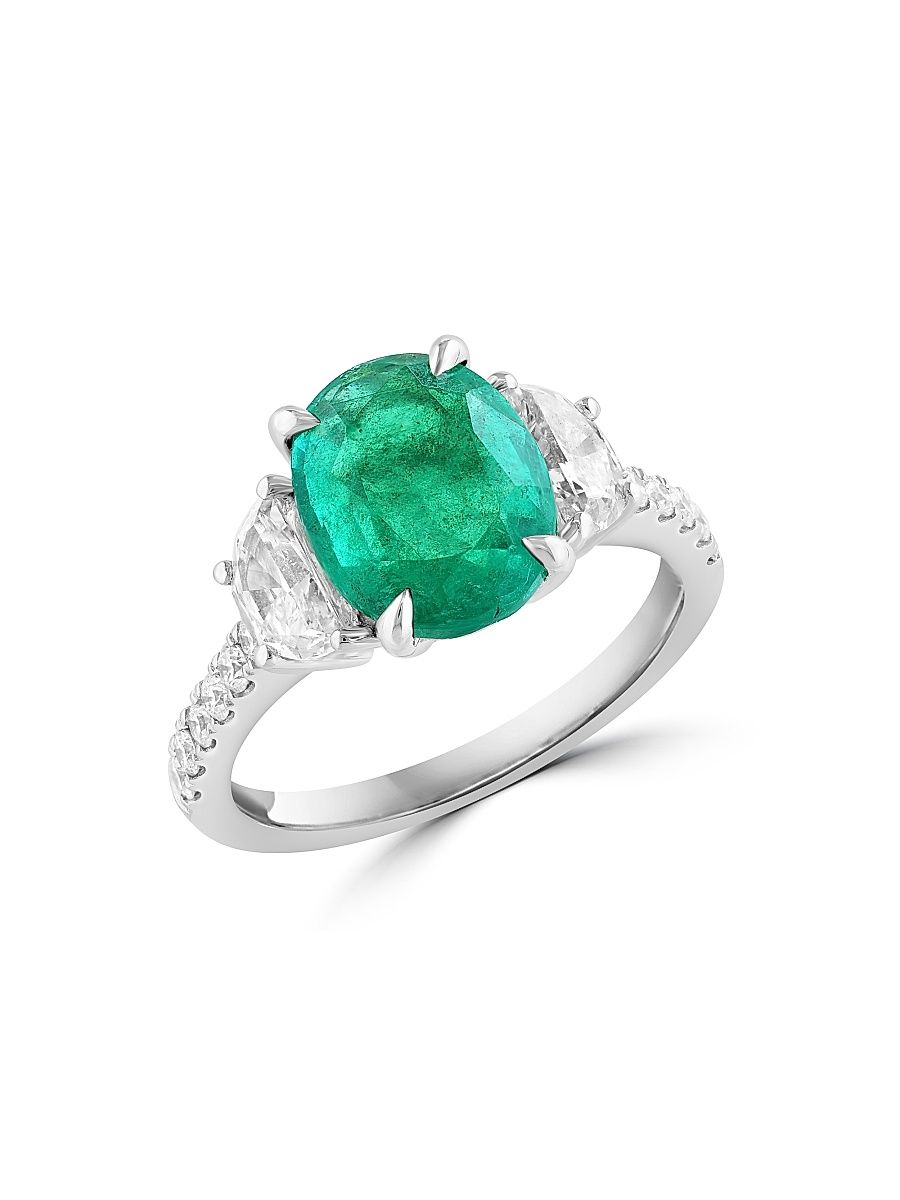 Women's 18K White Gold, Emerald & 0.83 TCW Diamond Ring - Yellow Gold - Size 7
