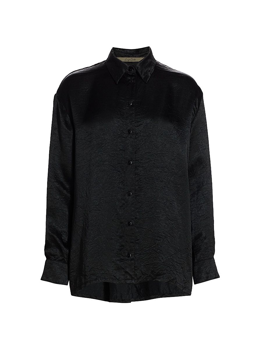 Women's Textured Satin Button-Front Shirt - Black - Size Large
