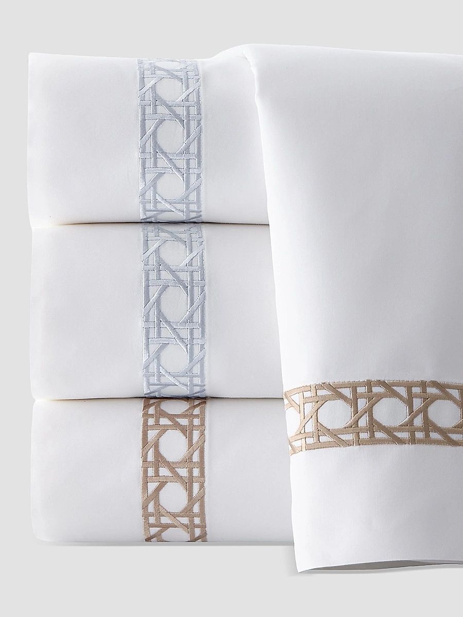 Sferra Cane II 4-Piece Cotton Sateen Sheet Set - White Brown - Size Queen