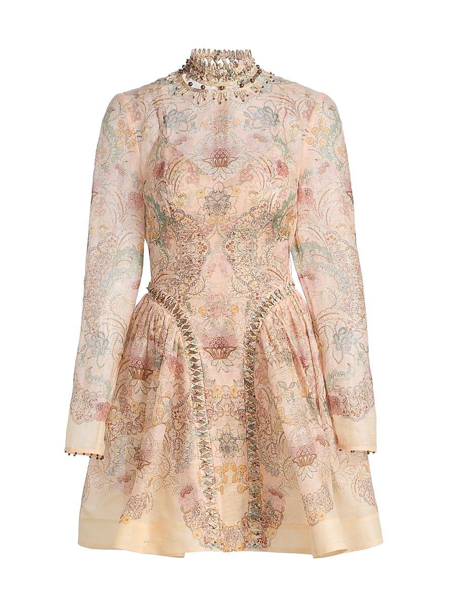 Women's Rebellion Baroque-Printed Linen-Silk Minidress - Pink Floral - Size 10