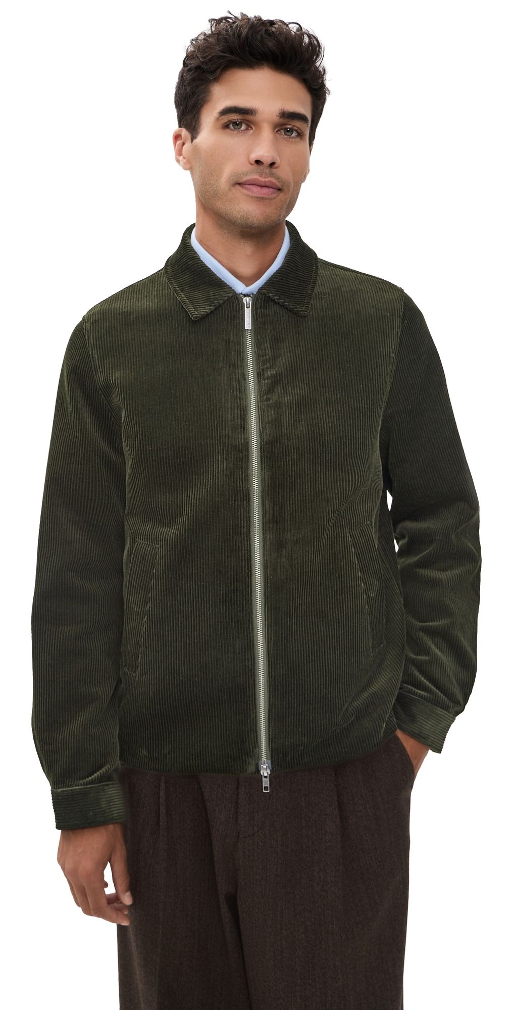 Les Deux Corduroy Zipper Coach Jacket Rosin Green L
