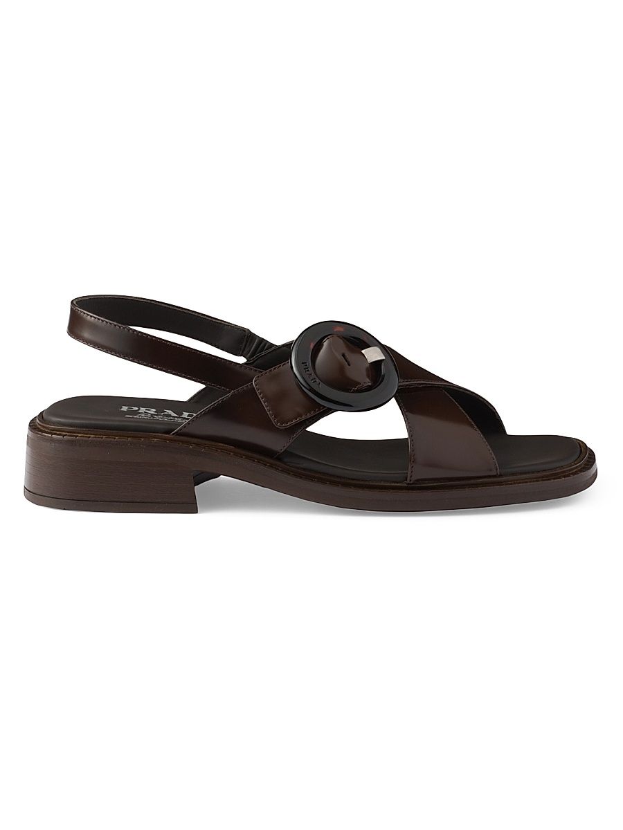 Women's Brushed Leather Sandals with Buckle - Brown - Size 9.5