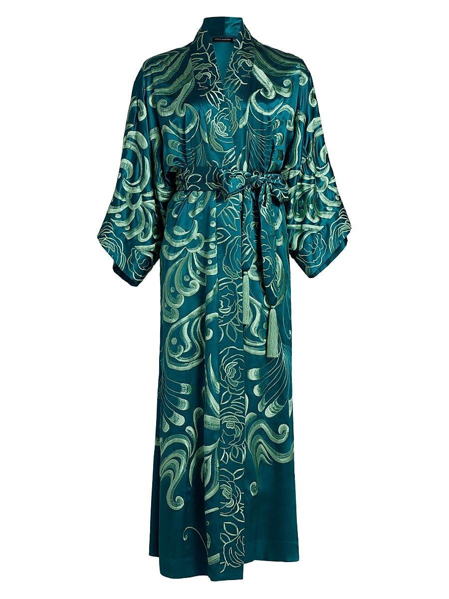 Women's Nouveau Couture Embroidered Silk Robe - Spruce - Size Large