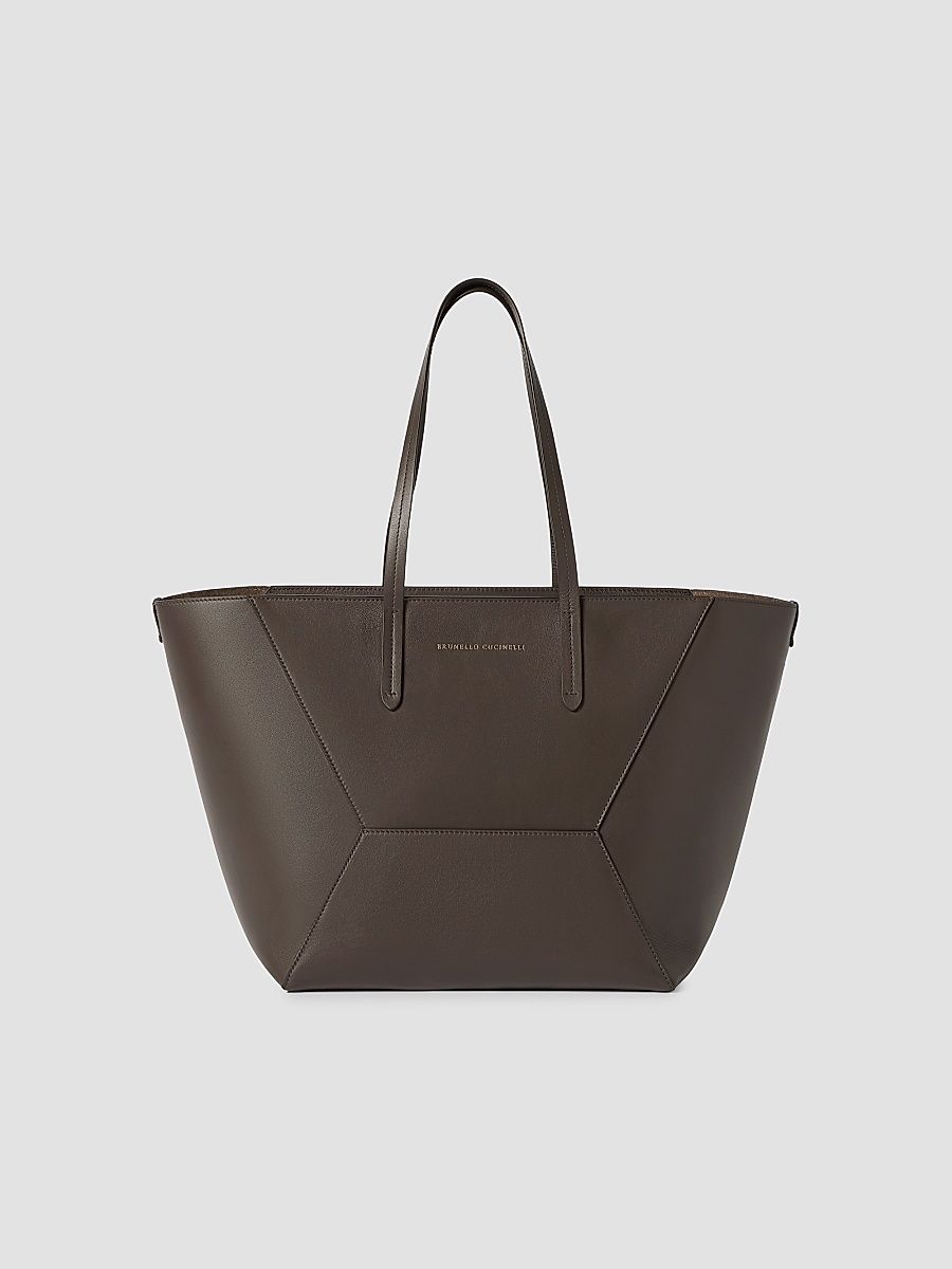 Women's Duo Tote Bag in Calfskin Leather with Monili - Brown