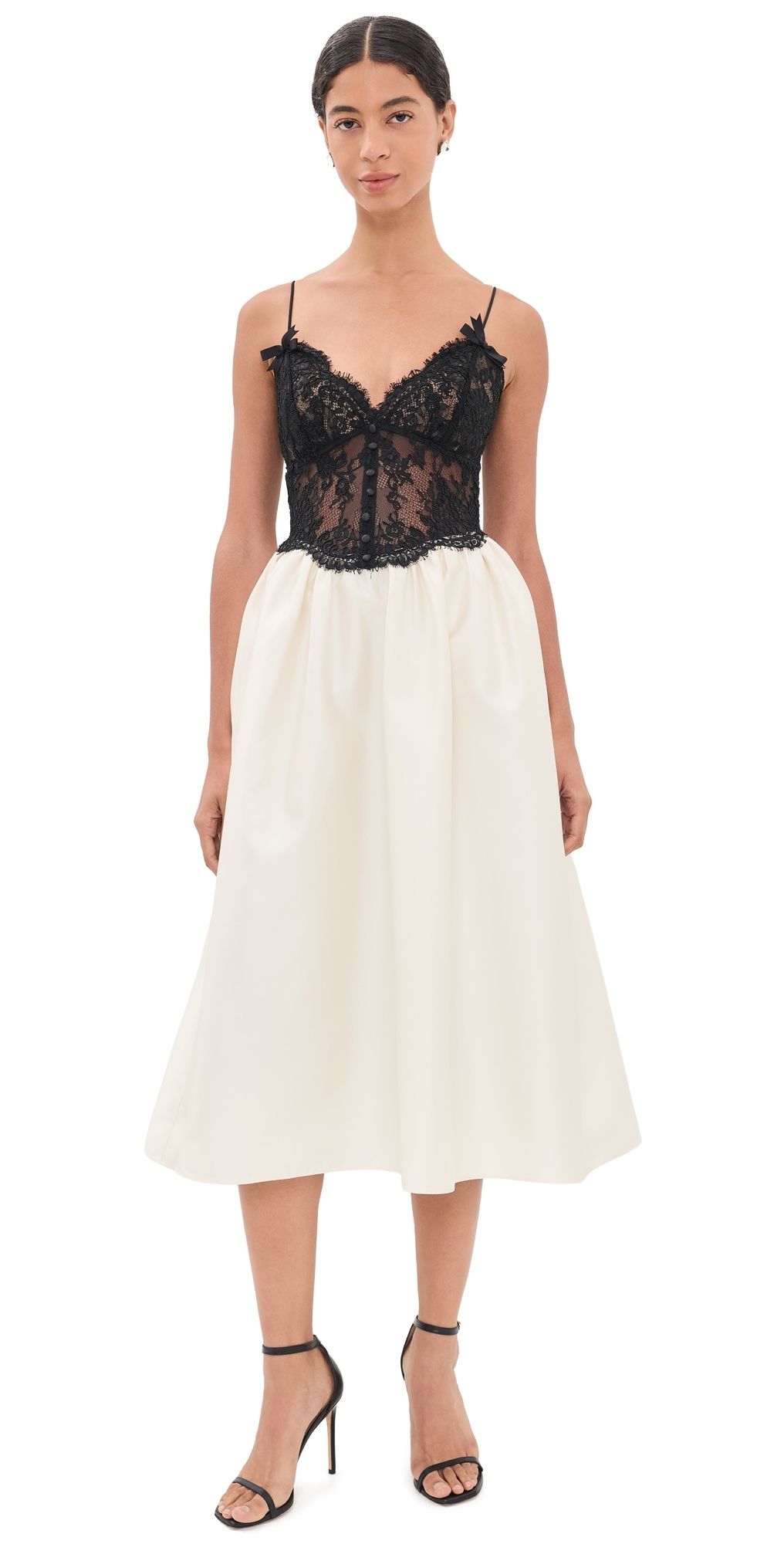 Self Portrait Taffeta Contrast Lace Midi Dress Cream 10