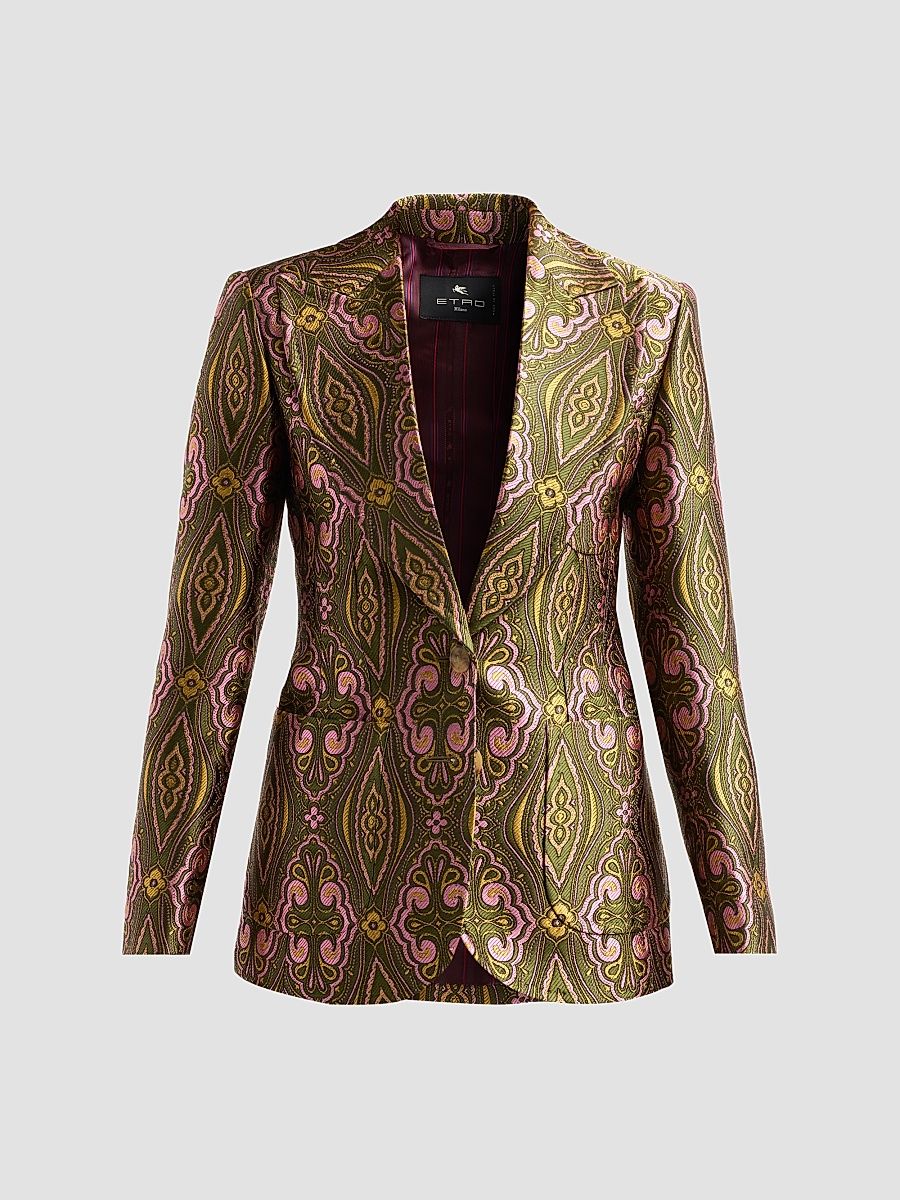 Women's Tapestry Jacqaurd Blazer - Multicolor Green Base - Size 10