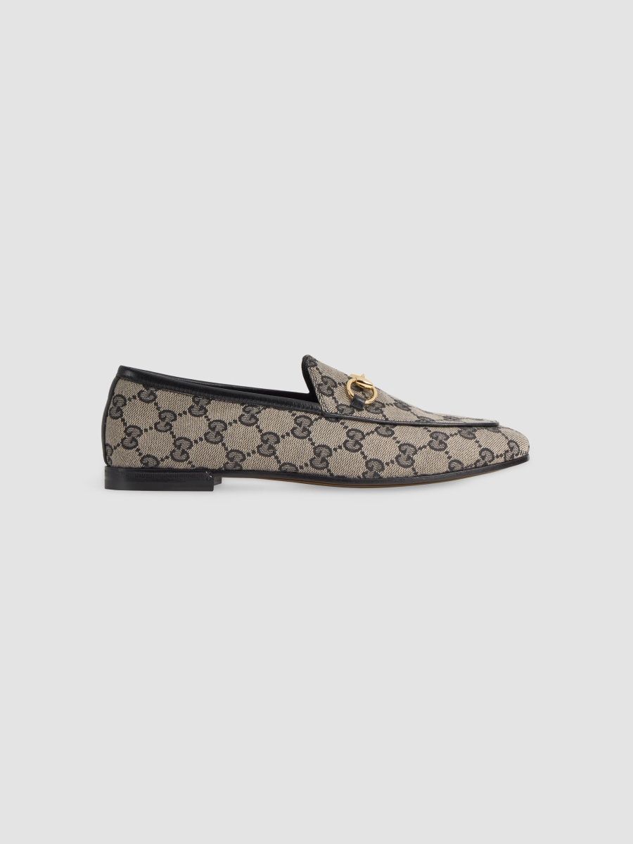 Gucci Women's New Jordaan Monogram Canvas Loafers - Beige Black - Size 12