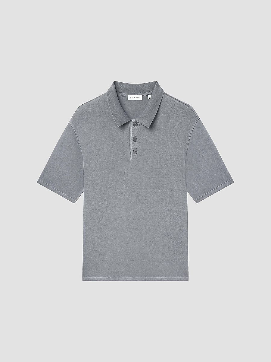 FRAME Men's Washed Light Pique Polo Shirt - Antique Modern Grey - Size Medium