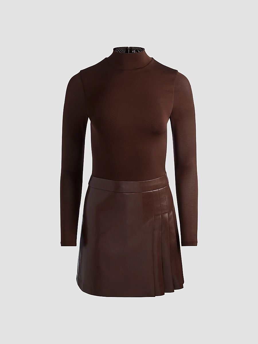 Women's Chara Mixed-Media Pleated-Skirt Mini Dress - Dark Chocolate - Size 14