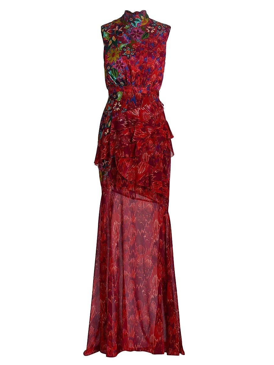 Women's Fleur Sleeveless Ruffled Silk Maxi Dress - Astilbe Garden - Size 4