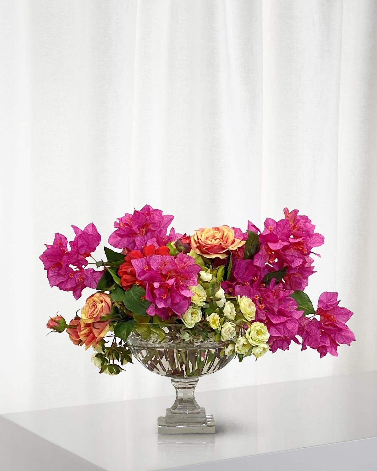Bougainvillea Rose Faux Floral Arrangement in Glass Vase, 18"