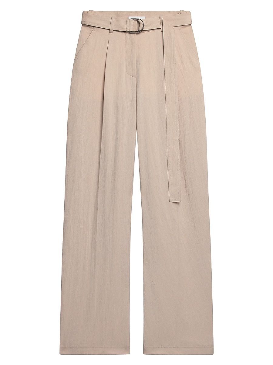 Women's Twill Pleated Wide-Leg Belted Pants - Ivory - Size 2