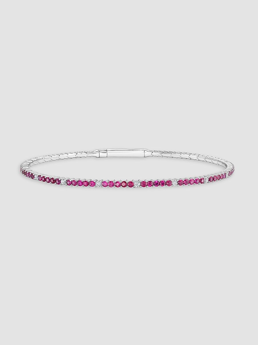 Women's 18K White Gold Diamond and Ruby Flex Bangle, 6.75" - White Gold