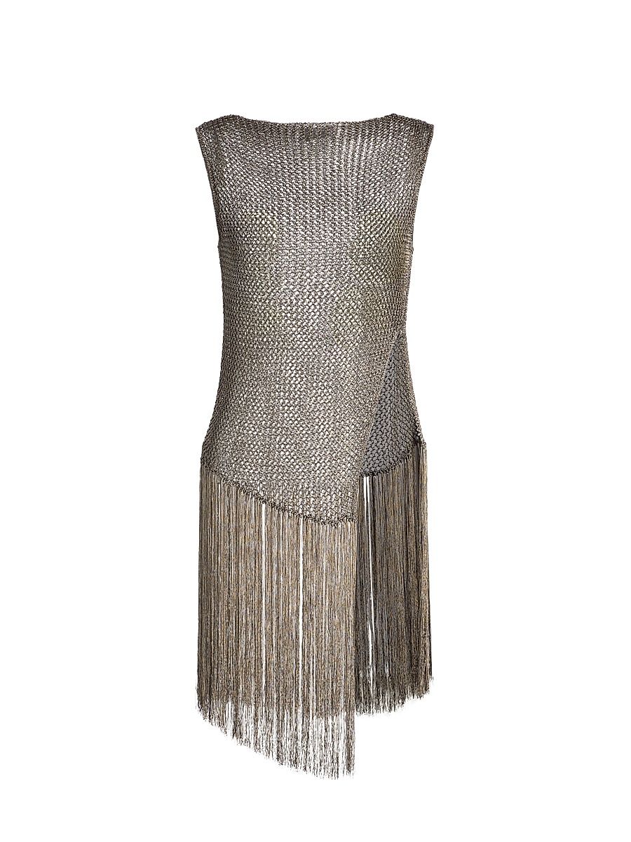 Women's Metallic Netting Fringed Asymmetric Top - Gunmetal - Size Large