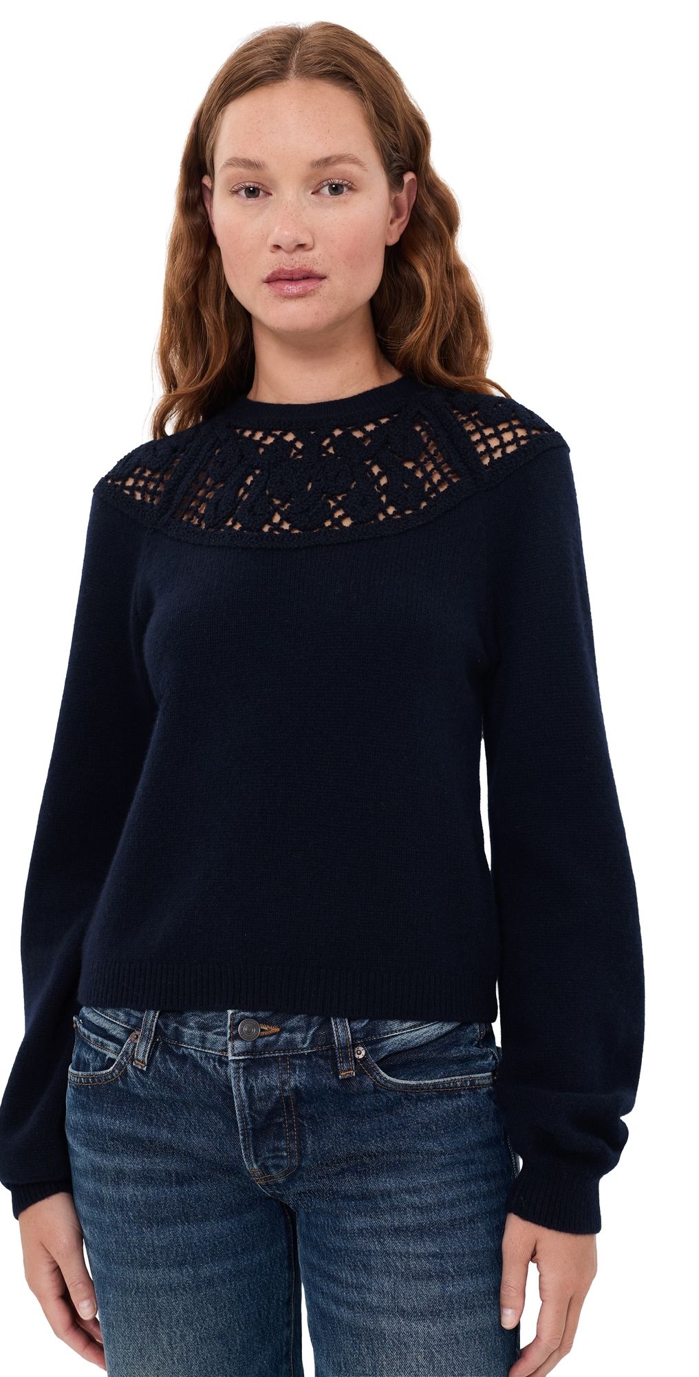 FRAME The Lace Gathered Sweater Navy M