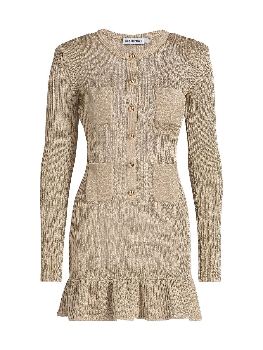 Women's Knit Long-Sleeve Mini-Dress - Gold - Size Large