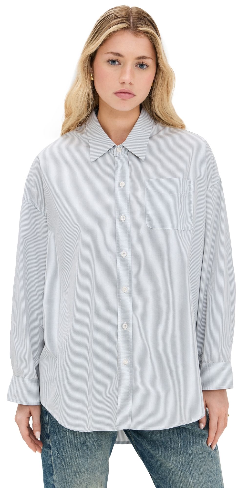 R13 Drop Neck Oxford Shirt Blue/White Pinstripe L