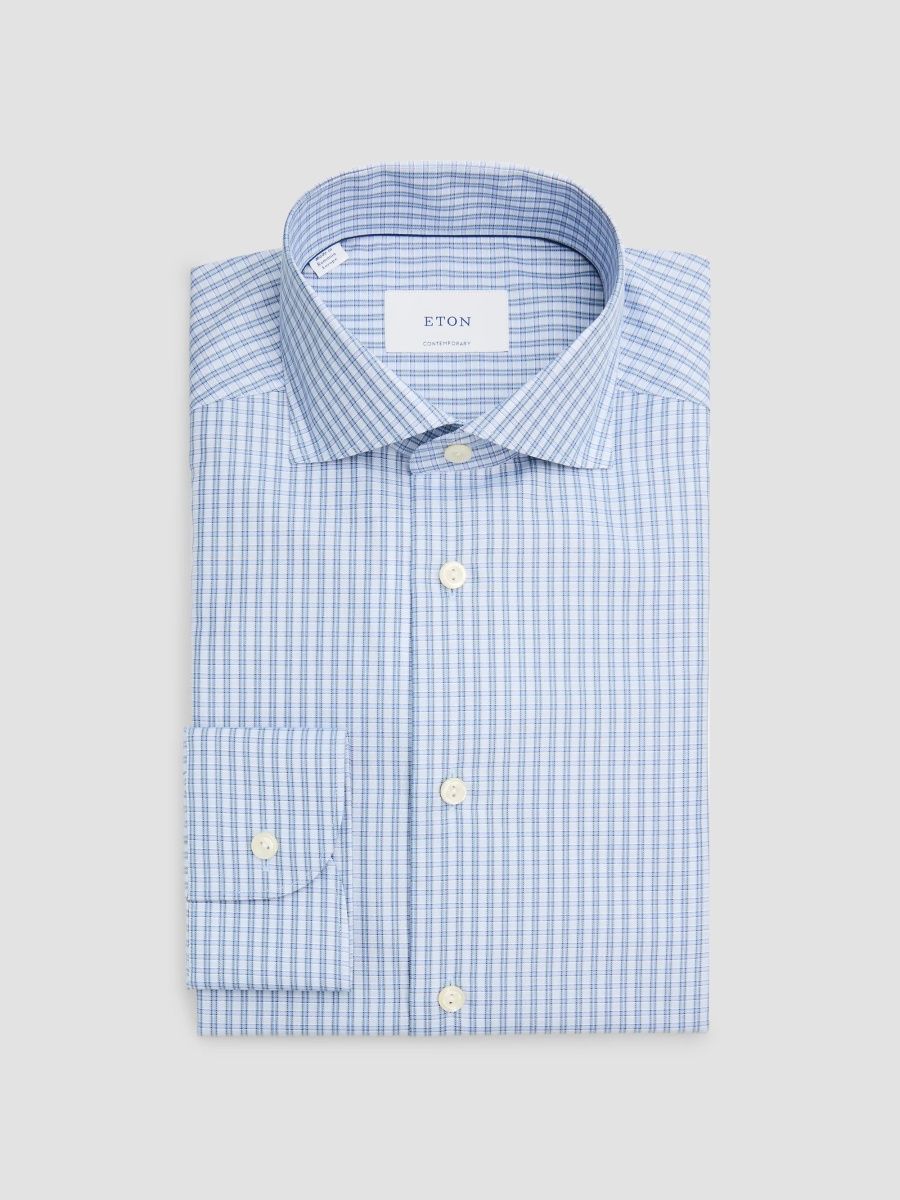 Eton Men's 3D Check Elevated Twill Shirt - Blue - Size 18