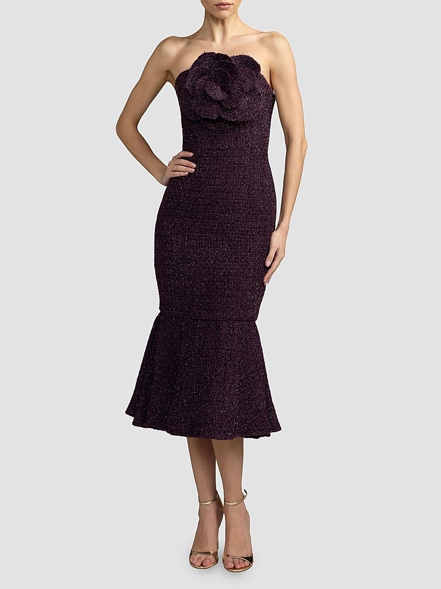 Women's Bouclé Flower-Detail Mermaid Midi Dress - Aubergine - Size 12
