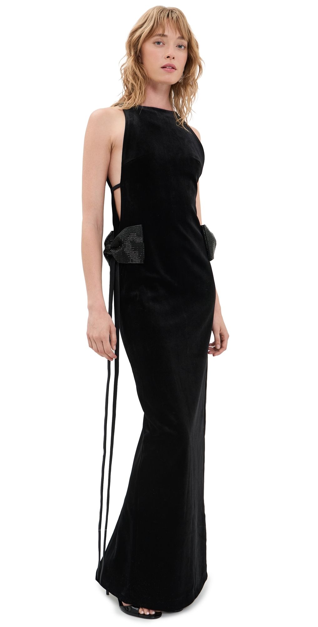 Self Portrait Black Velvet Bow Sides Maxi Dress Black 2