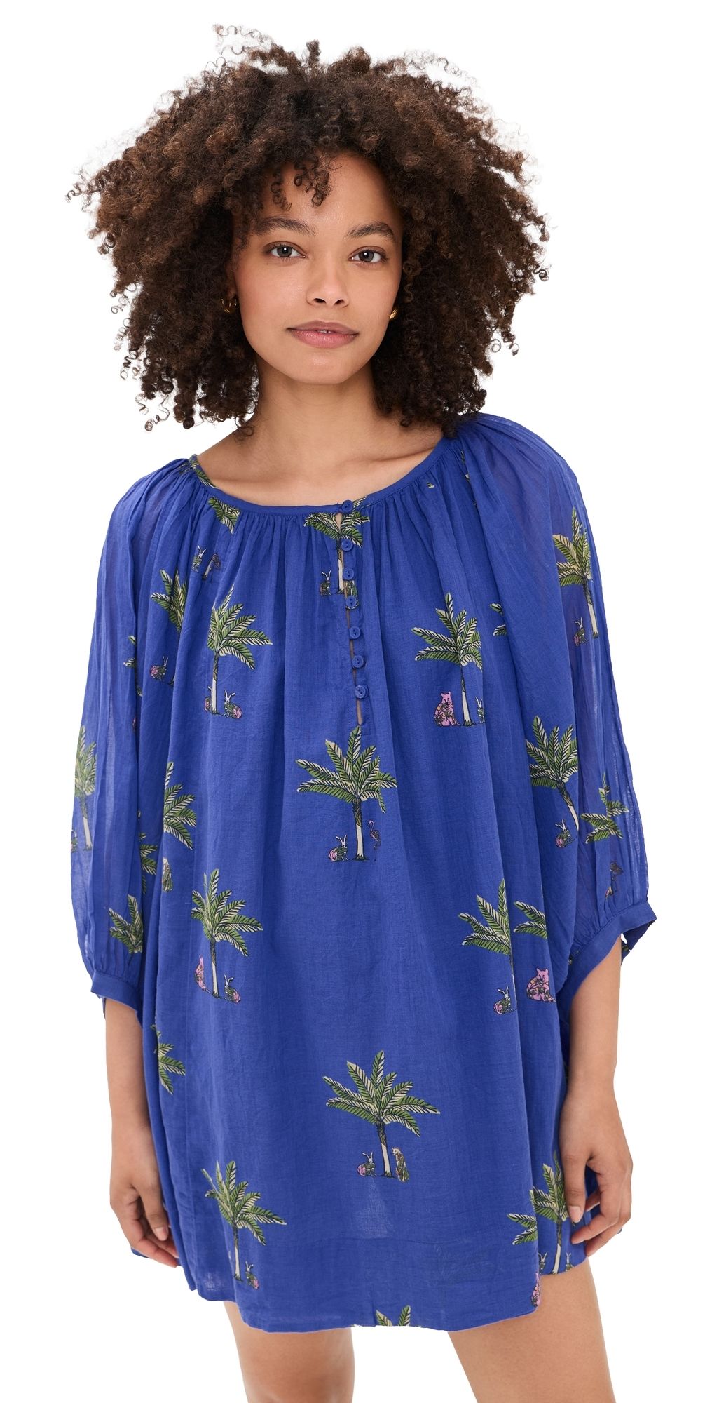 Coniglio Palm Beach Shirred Half Placket Mini Dress Petit Palm Deep Periwinkle One Size