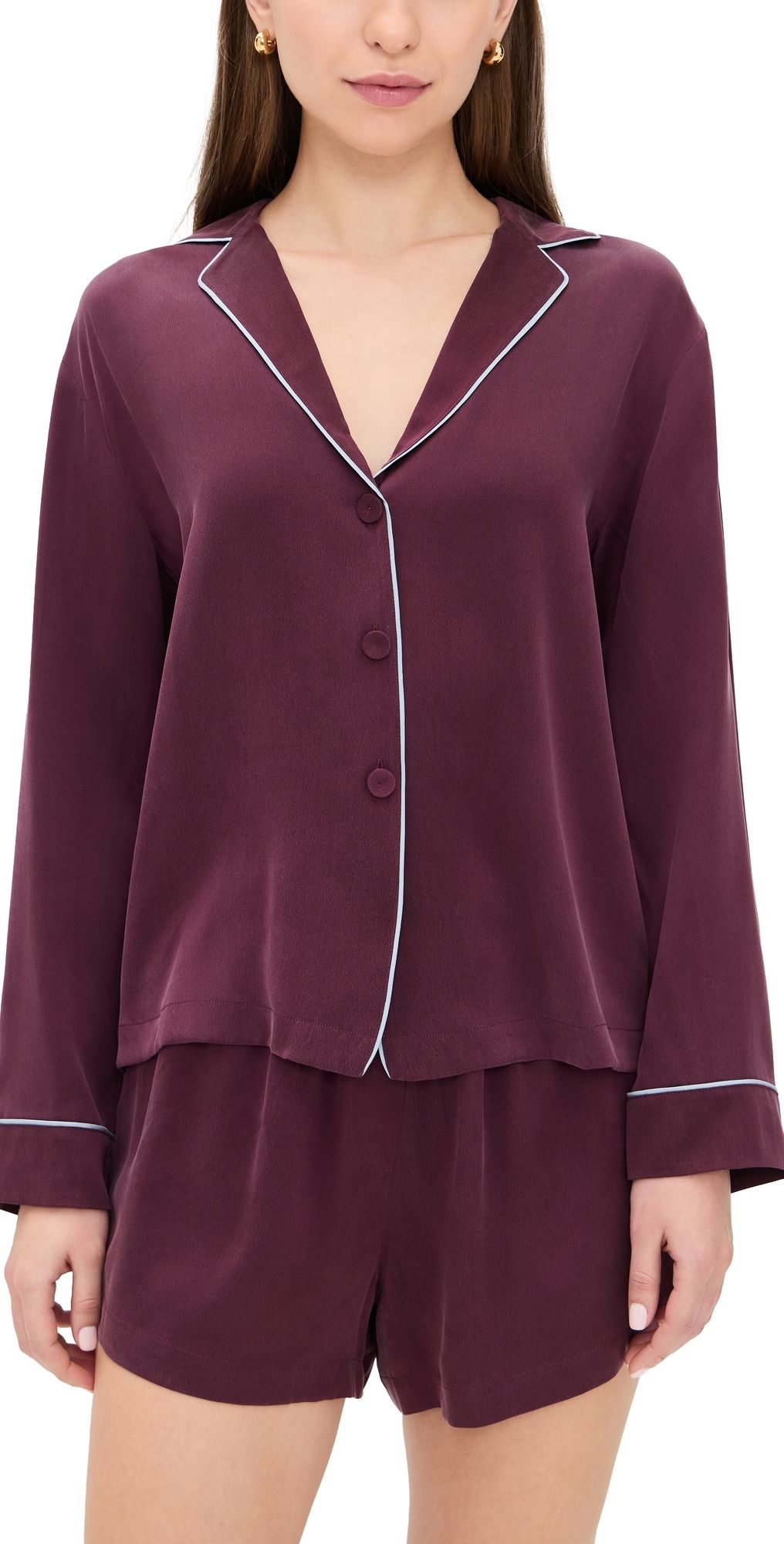 Lunya Washable Silk Piped Button Up Long Sleeve and Shorts Pajama Set Vintage Merlot/Frosted Lagoon XS