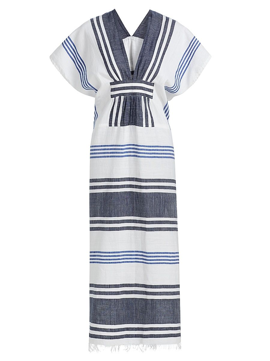 Women's Gasira Striped Cotton Caftan Cover-Up - Marina Blue - Size Large
