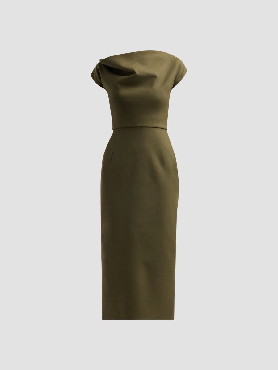 Oscar de la Renta Women's Draped Neck Stretch Wool Dress - Dark Moss - Size 16