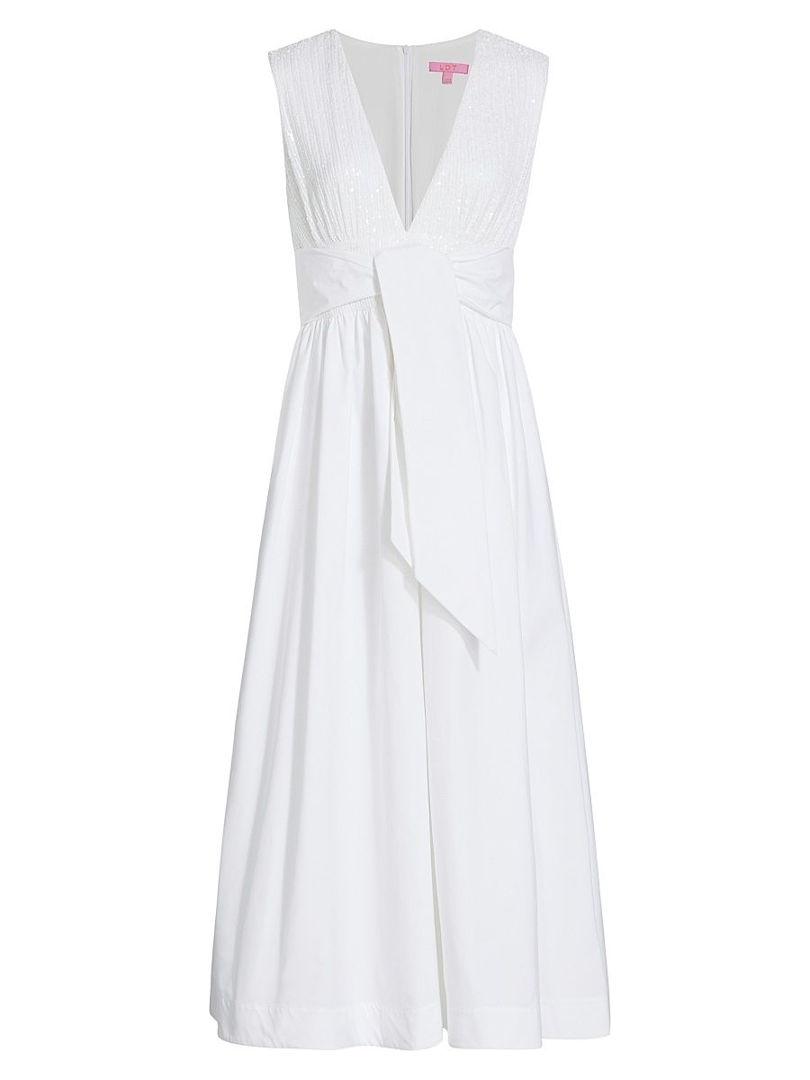 Women's Mixed Media V- Neck Midi-Dress - White - Size 4
