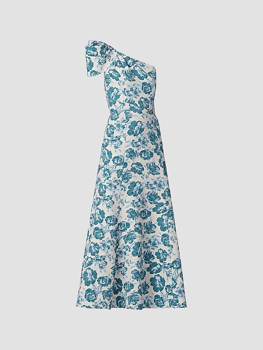 Shoshanna Women's Lolla Jacquard One-Shoulder Tea-Length Dress - Ivory Blue Multi - Size 14